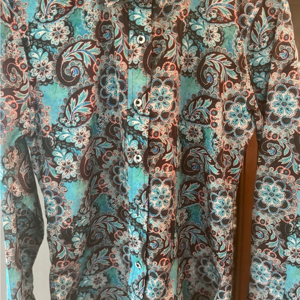 Floral Paisley Button Down Shirt - Teal and Brown